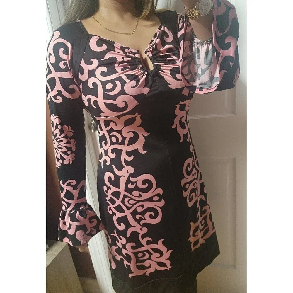 INC International Concepts Geo Black Pink Print Empire Dress Medium Casual Chic - Picture 6 of 10